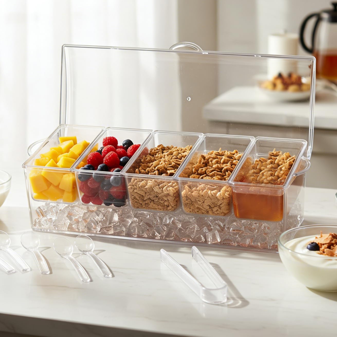 Cubo para condimentos con 5 compartimentos bandeja para servir con 5 platos extraíbles capacidad para más de 2 tazas cada uno y tapa con bisagras 5 cucharas 3 pinzas 1 taza con tenedores incluidos