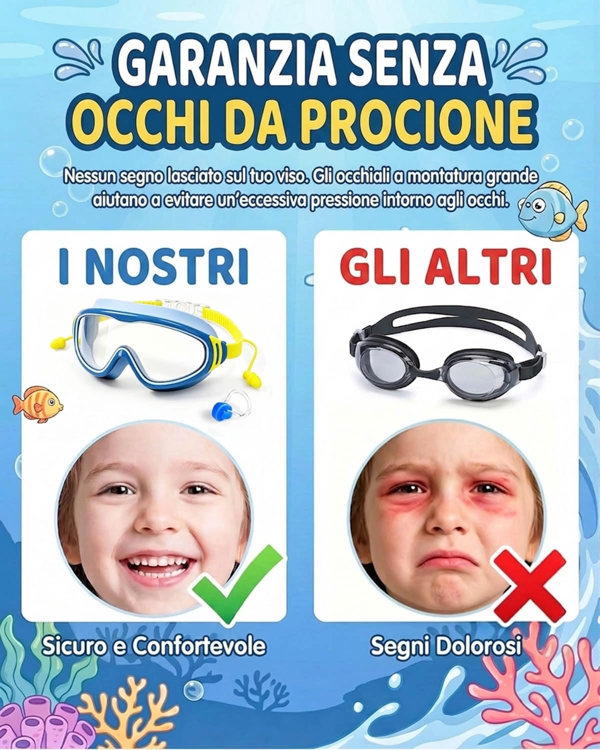 Occhialini Nuoto Bambini, Lenti Grandi, Anti-UV, Antiappannamento, Impermeabili, Vestibilità Comoda, Cinturino Regolabile, Visione Panoramica, Ideale come Regalo per 3-15 Anni