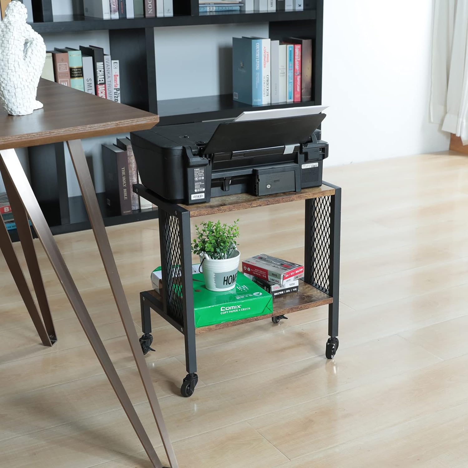 Printer Stand with Storage, Under Desk Printer Table with Storage 2 Tiers Mobile Rolling Printer Cart with Wheels Wooden Desktop Organizer for Printers Fax Home Office : Office Products