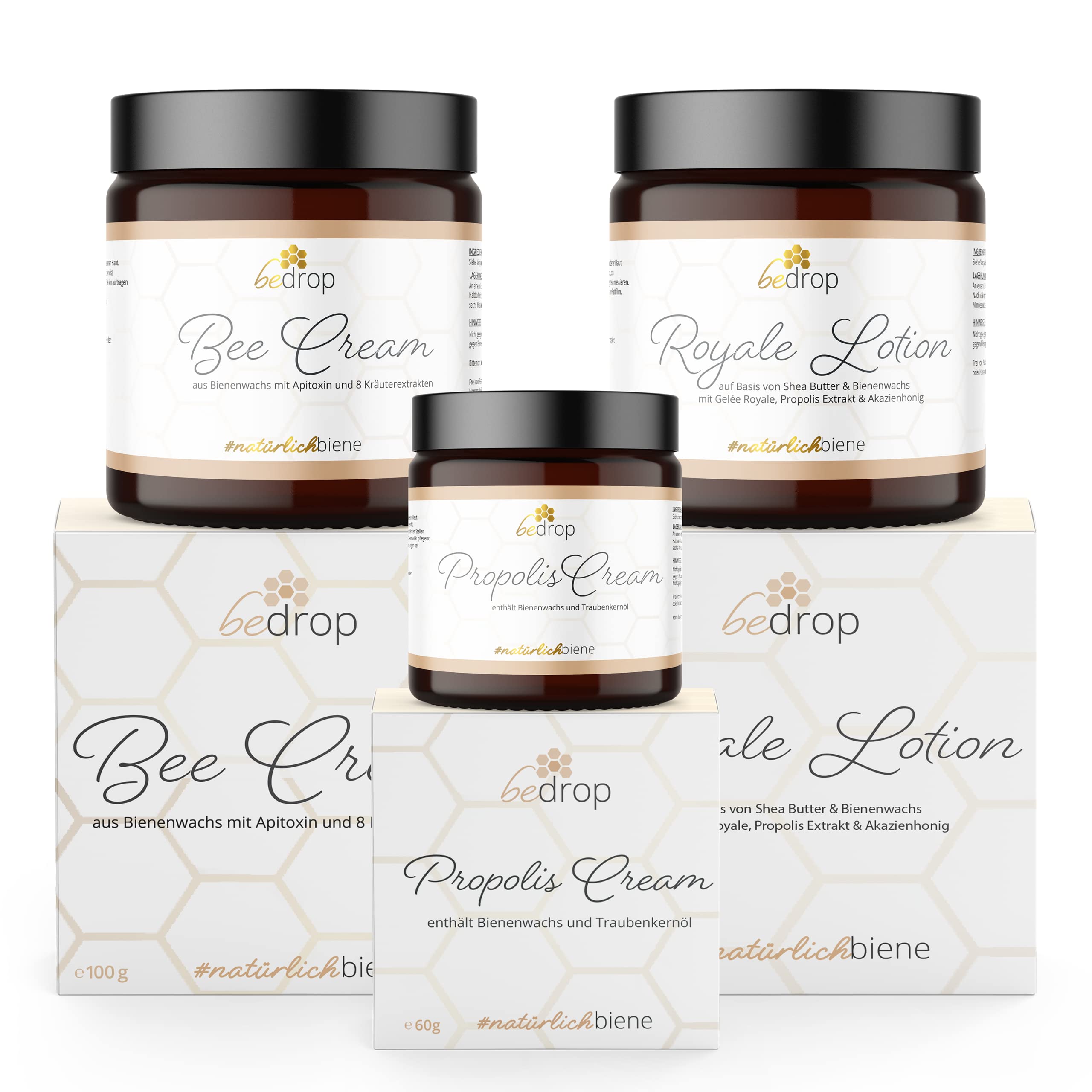 bedrop Hautpflege-Set | Bee Cream (Bienengiftsalbe) 100g + Propolis Cream (Propolis Salbe) 60g + Gelee Royale Körperlotion (Royale Lotion) 100g im Sparset