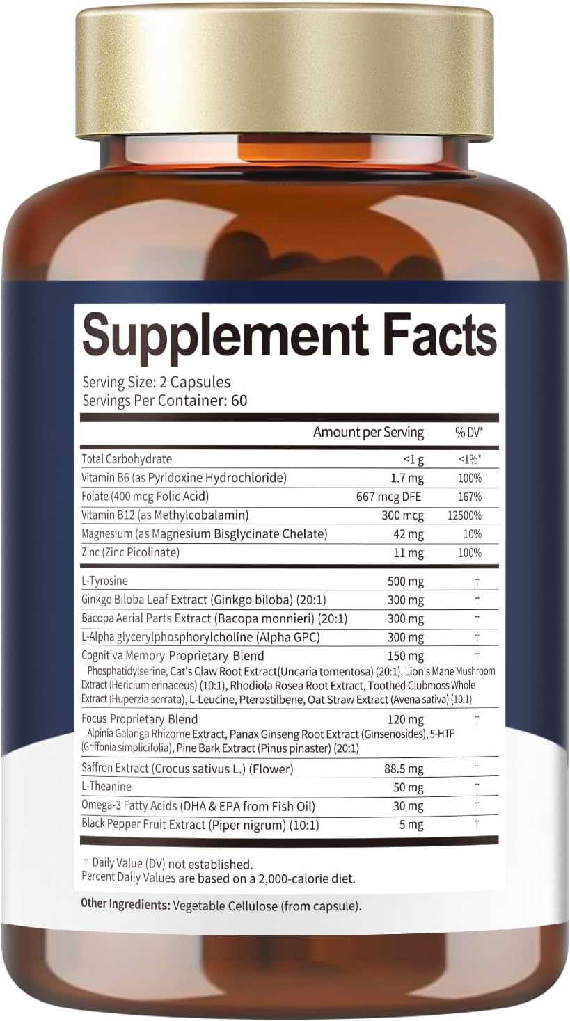 Totara Brain Supplements for Memory and Focus丨Non-Caffeinated Energy with L-Tyrosine, Alpha GPC, Ginkgo Biloba, Bacopa Monnieri, Saffron – Gluten Free, Non-GMO for Neuro & Brain Health (120 Counts) - Image 9