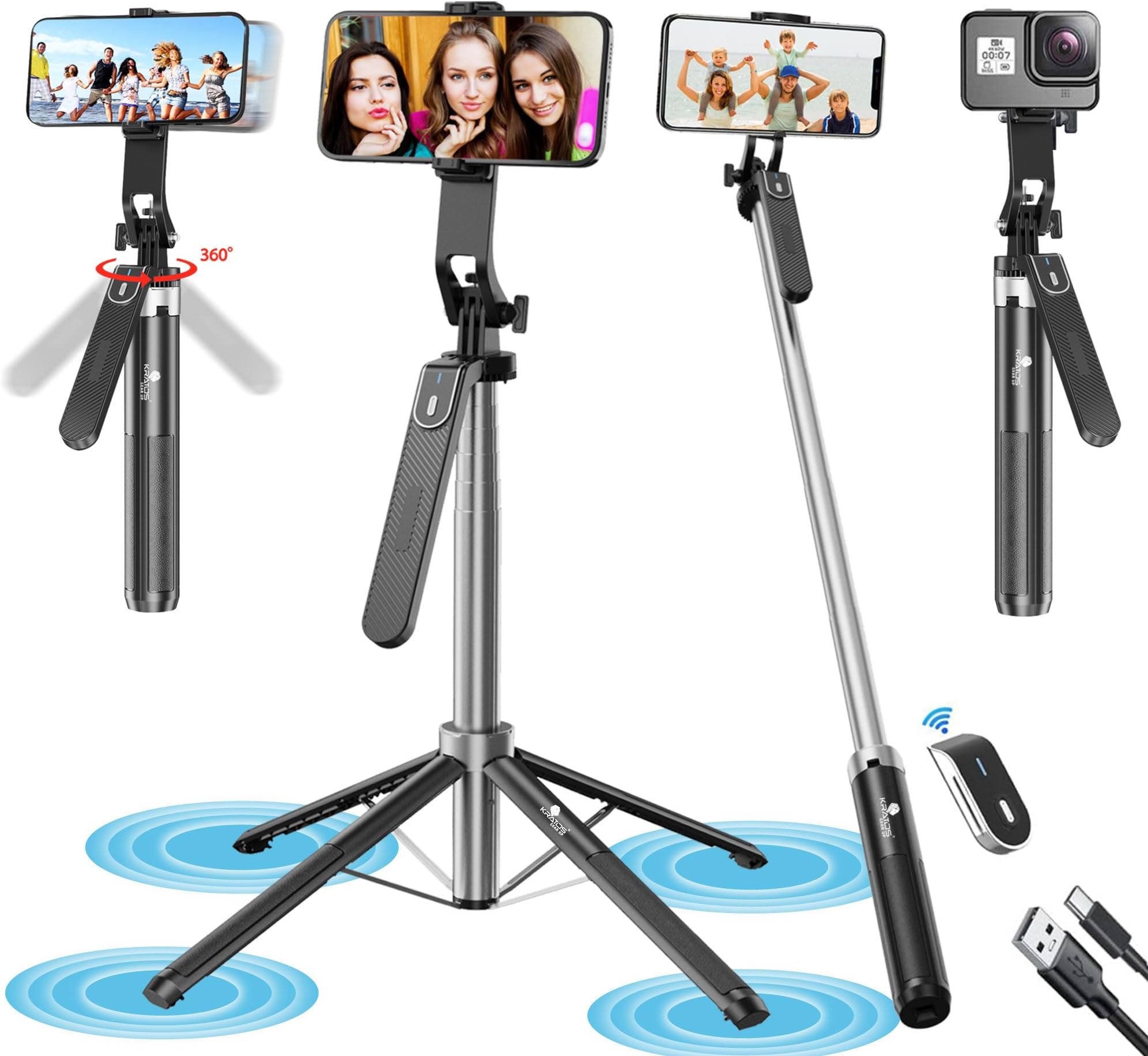 - K5 Selfie Stick Tripod with Balance Handle, 64 inch & Stable 4 Leg Design,Recharable BT Remote, Long Tripod Stand for 360ยฐ Rotation Panoramic Shoot, Made for Phones,Ring Light, Gopro,Camera