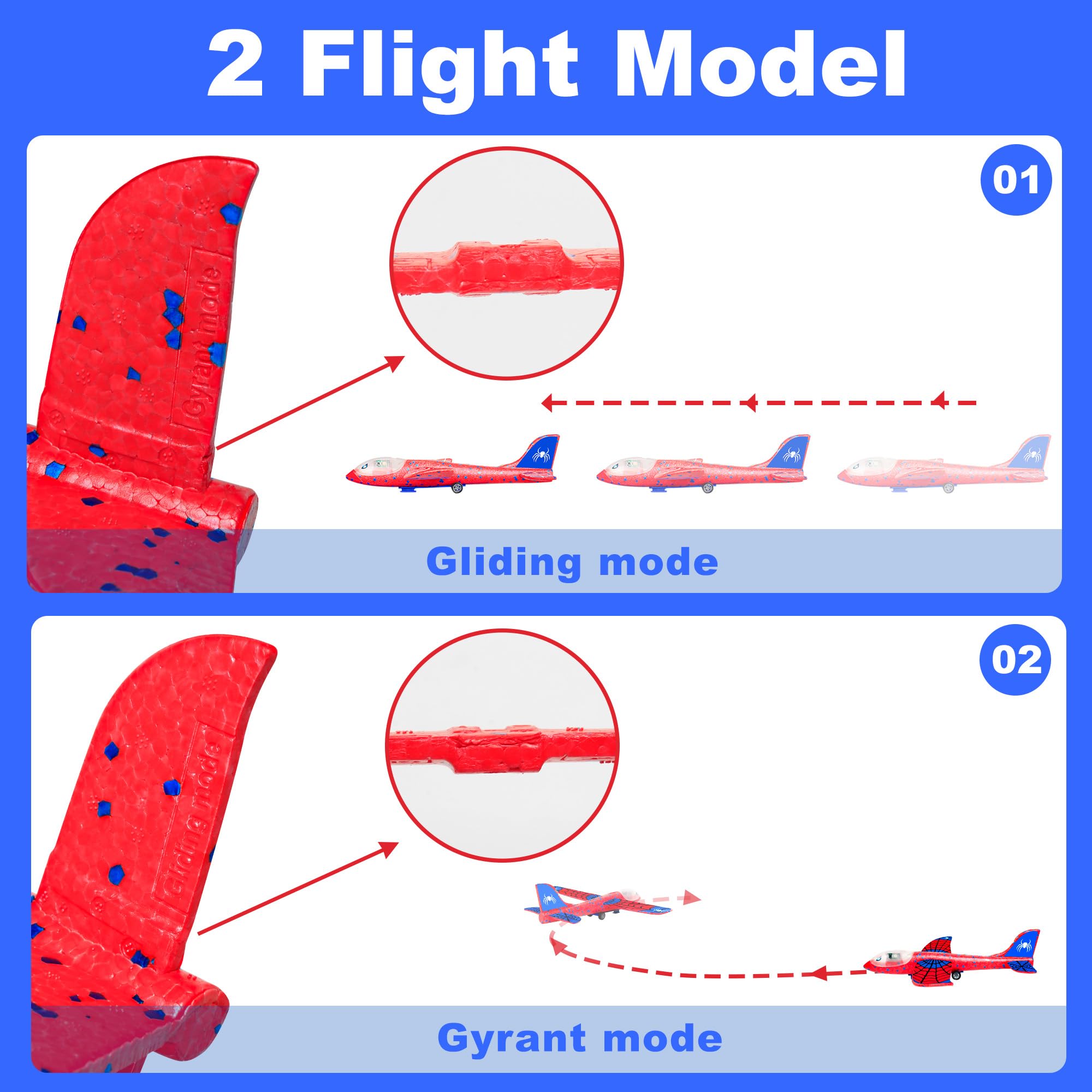 3 Pack Airplane Launcher Toys for Kids, Spider Foam Gliders Catapult Planes with Led, 2 Flight Modes Old Boys Girls Outdoor Flying Toy Outside Sport Birthday Gifts