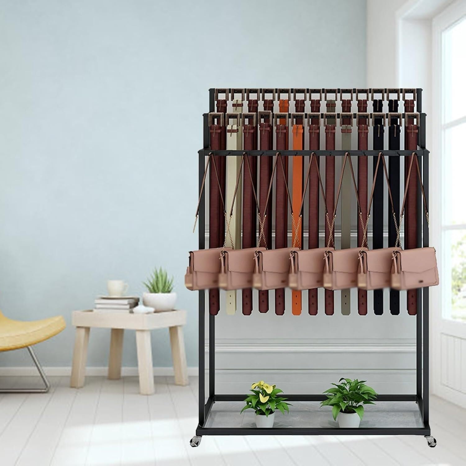 Bodenstehender mobiler Gürtelständer mit Rollen, Herrengarderobe Krawattenorganisator mit abnehmbaren Haken für Geschenkgeschäfte(Schwarz,100X40X150CM)