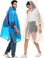Vista 41 de Paquete de 2 ponchos de lluvia para adultos, reutilizables, impermeables, de supervivencia, emergencia, resistente, con capucha con cordón Azul