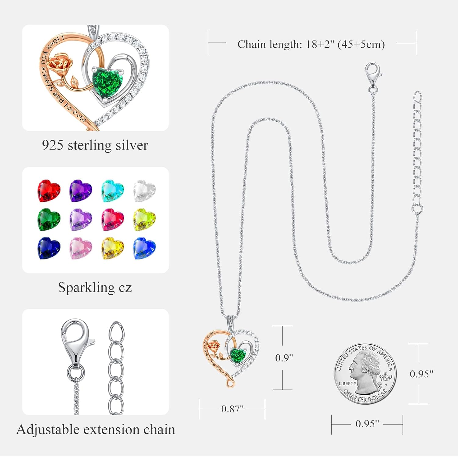 E Infinity Double Heart Birthstone Necklace 925 Sterling Silver Rose Flower Pendant Necklace, Birthday Anniversary Jewelry Gifts for Her Wife Mom Girlfriend Wife - Image 4