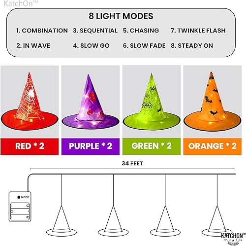 Miniatura 3 de KatchOn, Sombreros de bruja colgantes de Halloween iluminados, 33 pies, paquete de 8, luces coloridas de sombrero de bruja  Decoración de sombrero