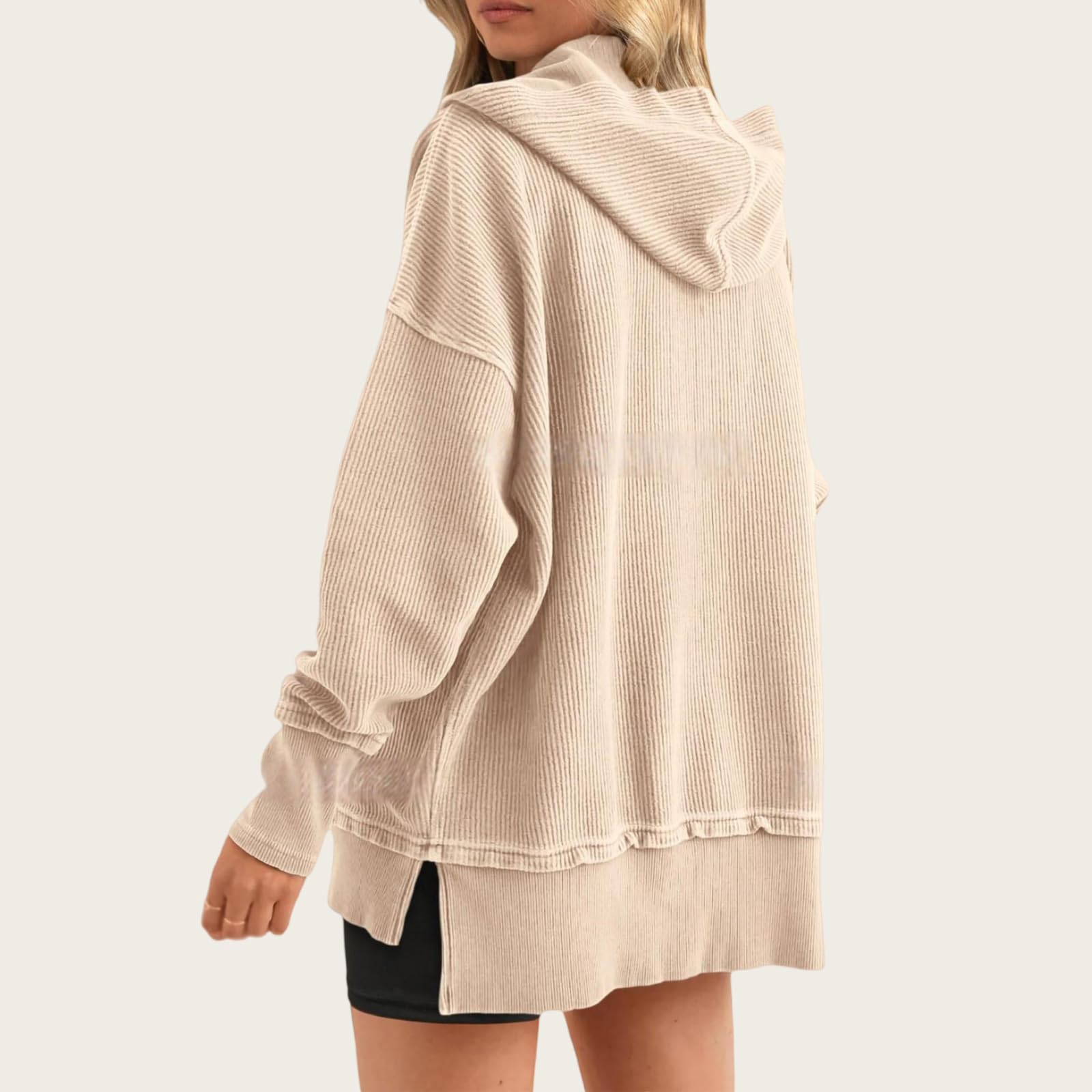 Damska bluza z kapturem, luźny krój, dekolt w serek i rozcięcia z boku, odzież na co dzień na jesień i zimę (Apricot, XL)