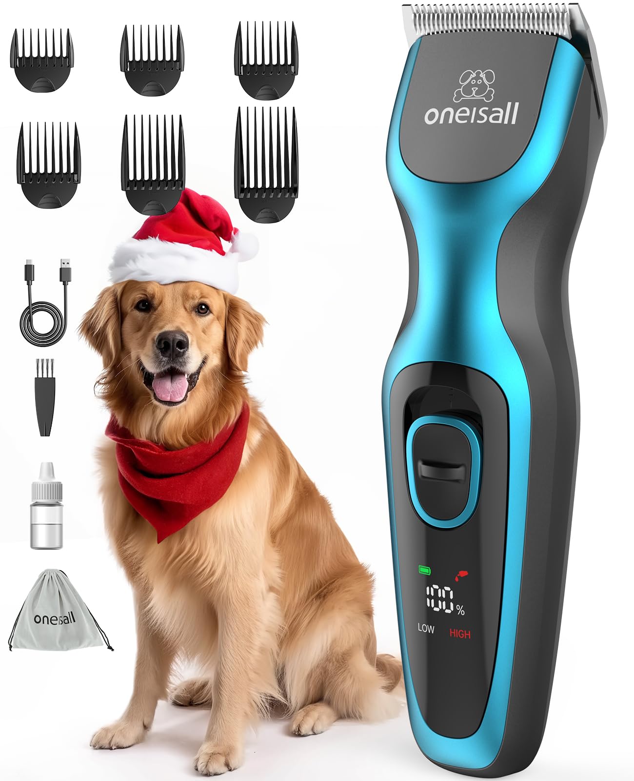 oneisall Cortapelos Silencioso, Cortapelos Profesional para Perro/Gato, Cortapelos Eléctrico para Mascotas con Motor Potente 7000RMP, Apto para Pelo Grueso/Mateado de Mascotas