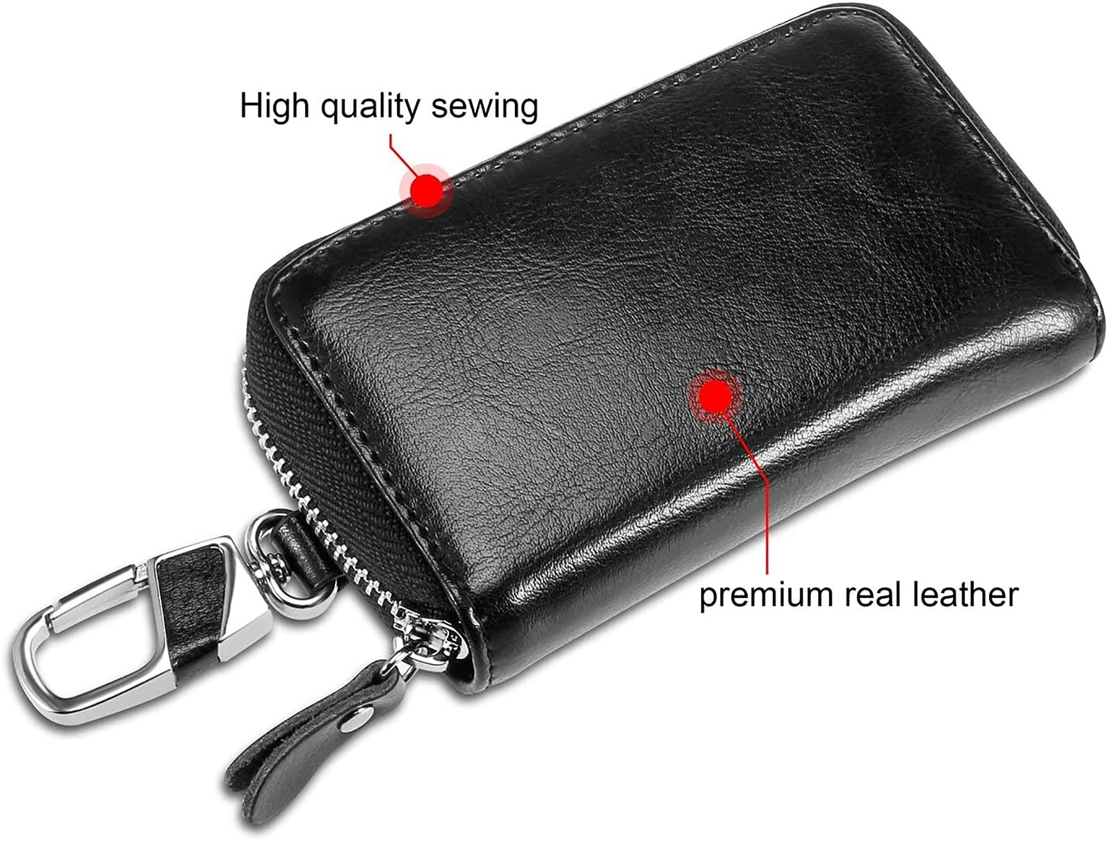 Etuis Porte Clés Cuir, Pochette Porte Clef Cuir Porte-Clé Voiture Porte-monnaie Sac à poche Sécurité Multifonctionnel Fermeture Éclair Classique Casual, avec 12 crochet Clip