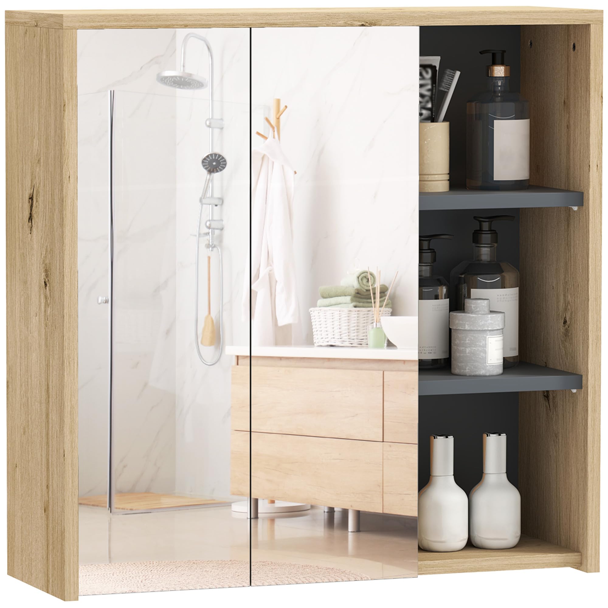 HOMCOM Specchio Bagno Contenitore con 2 Ante Vetro 60x20x60 cm Naturale | Mobile con Specchio, Scomparto Aperto, Mobiletto da Parete Salvaspazio, Specchiera Bagno