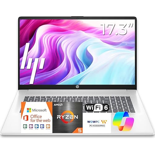HP 17 inch Business Laptop Computer • 2026 Edition • Latest AMD Ryzen 5 CPU • (16GB RAM | 512GB SSD) • 17.3" FHD Display • Copilot+ • Long Battery Life • Windows 11 with Office 365 for The Web