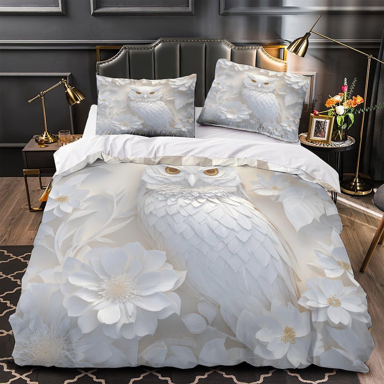 Parure de lit hibou blanc 140x200 en microfibre pour lit une place adulte