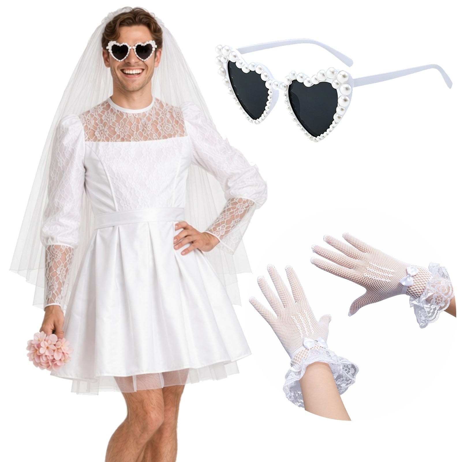 JRZYTX Men's Bride Costume Set Funny Wedding Dress with Veil Lace Gloves Glasses for Halloween Bachelor Party Cosplay