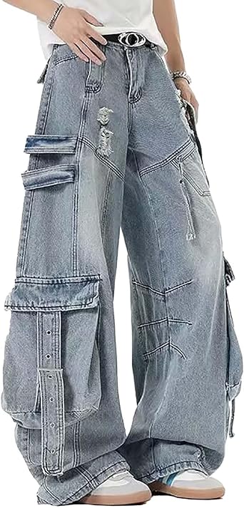 Baggy Cargo Jeans for Men Y2K Low Rise Vintage Distressed Grunge Pant Hip Hop Harajuku Fashion Streetwear with Pocket