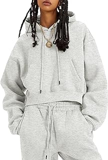 Cozy Women's Fleece 2 Piece Sweatsuit: Crop Pullover Sweatshirt & Joggers Pants Tracksuit Set