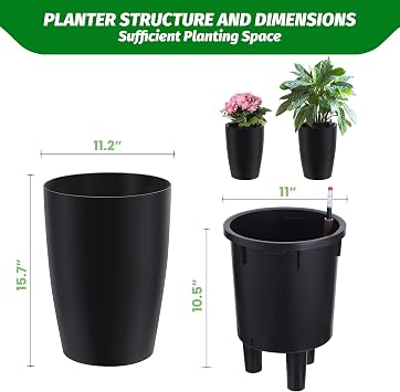 16 Tall Planter Set of 2, Self Watering Pots, Large Planter for Outdoor | Built-in Drainage and a Water Level Monitor, Tall Planters for Patio, Porch, Living Room, Home Office, Black
