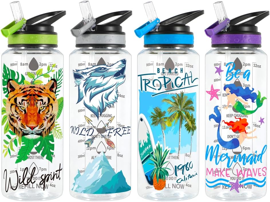 Home Tune 32oz Water Drinking Bottle - Tritan BPA Free, Wide Mouth, Straw Flip Lid, Time Marker, Easy Open, Lightweight, Leak-Proof Water Bottle with Foil Print Design For Girls & Boys - Wolf - Image 6