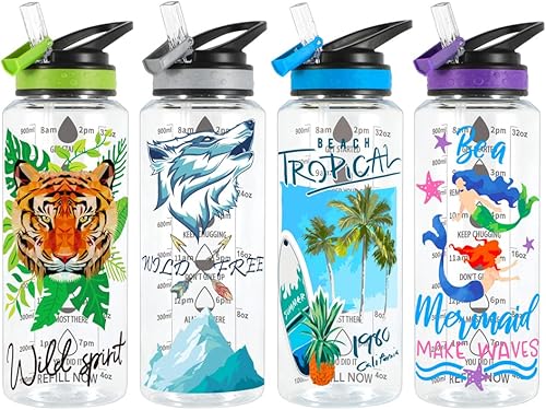 Miniatura 6 de Home Tune Botella de agua de 32 onzas, botella de agua Tritan sin BPA, boca ancha, tapa abatible con pajilla, marcador de tiempo, fácil de abrir,