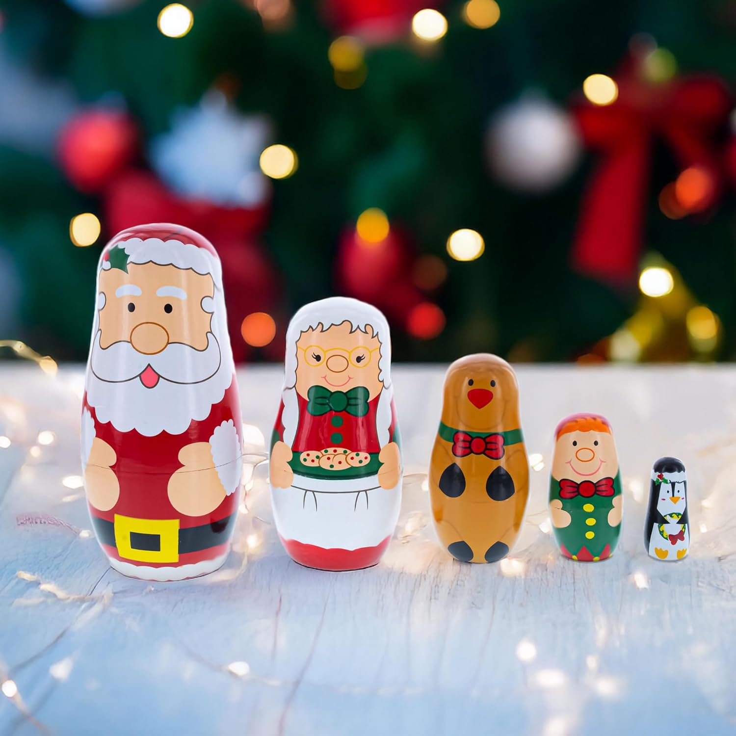 BestPysanky Santa, Mrs. Claus, Reindeer, Elf Wooden Nesting Dolls 6 Inches