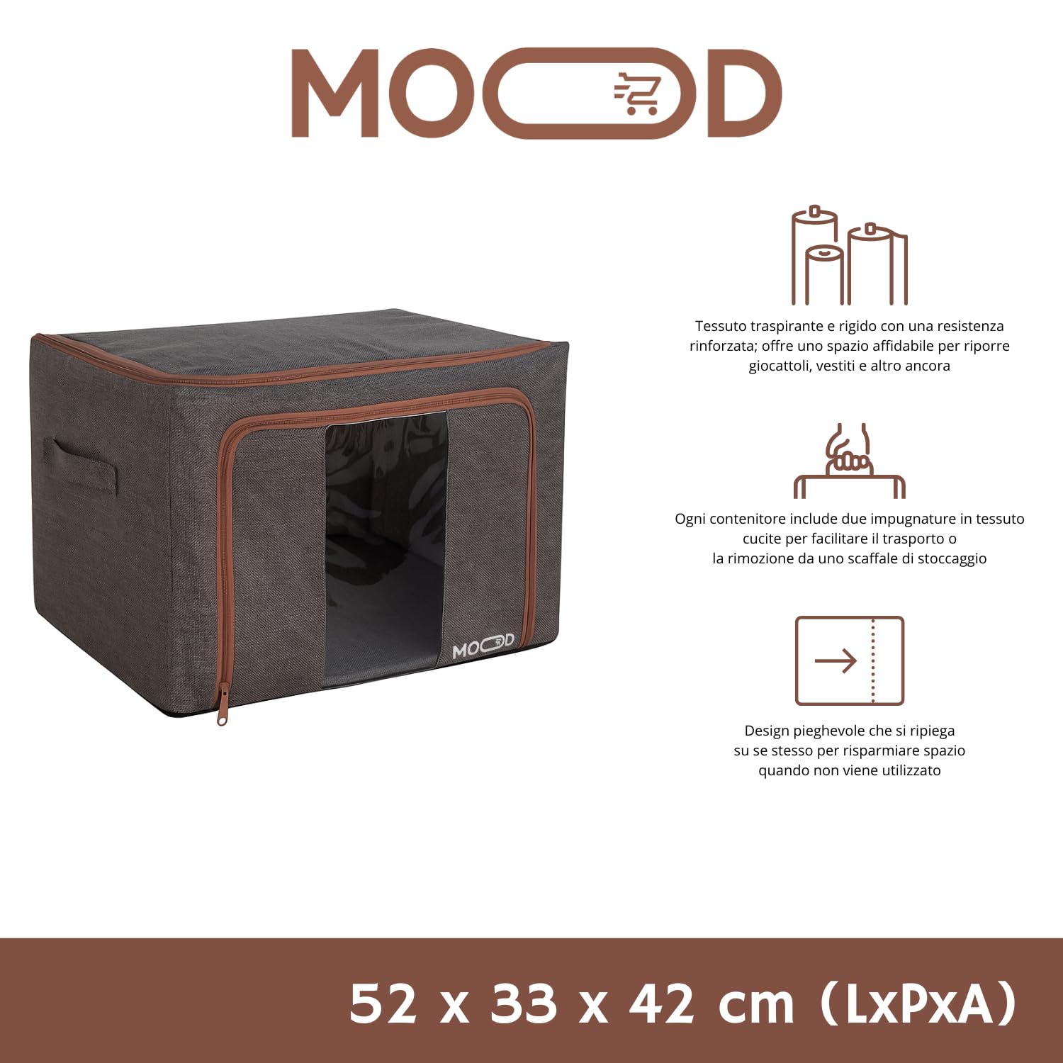 Generico Set 2 scatole per armadio rigide 52x42x33 cm, 132L totali - Tessuto impermeabile e resistente all'umidità, Organizer armadio impilabili con maniglie in acciaio e finestra trasparente