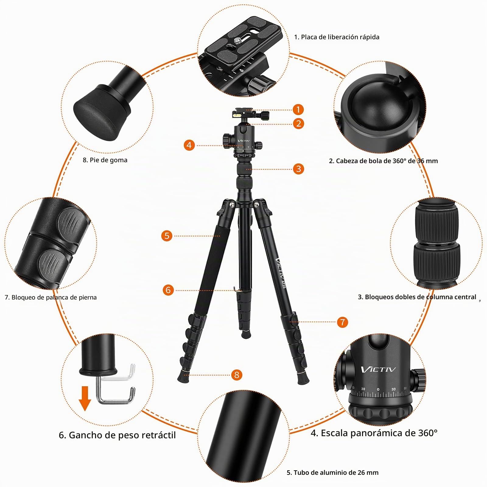 Victiv Trípode Cámara 206cm, Trípode de Viaje Portátil de Aluminio para DSLR, 360° Rótula de Bola Panorámica una Capacidad de Carga de 15 kg, Monopié Desmontable con Bolsa de Transporte - Negro