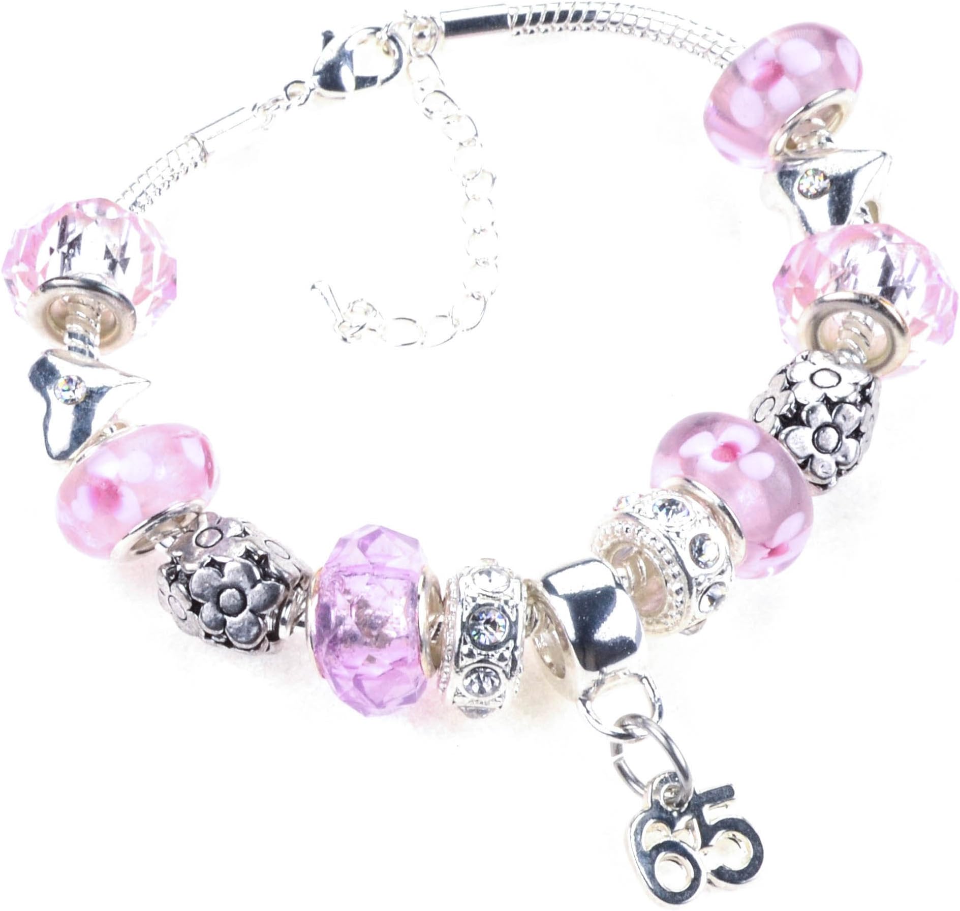 65th Birthday Pink Garland Themed Murano Charm Bracelet in a Luxury Jewellery Box with a 65th Birthday Card