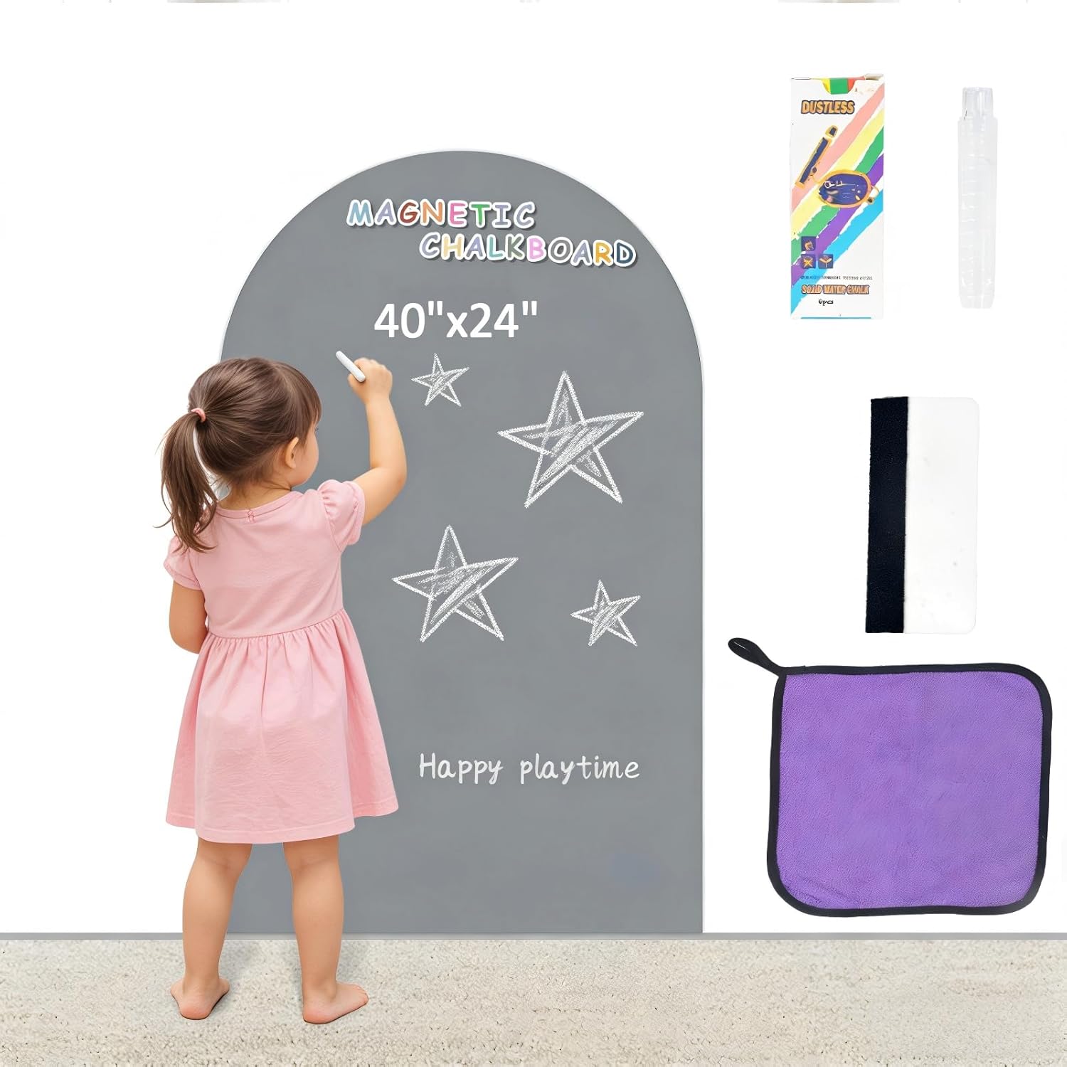 Removable Magnetic Chalkboard 24"x40" Wall Decal, Reusable Chalk Board with Damage-Free Adhesive, Strong Magnet, Wet-Erase & Easy to Install, Perfect for Playroom, Classroom Grey
