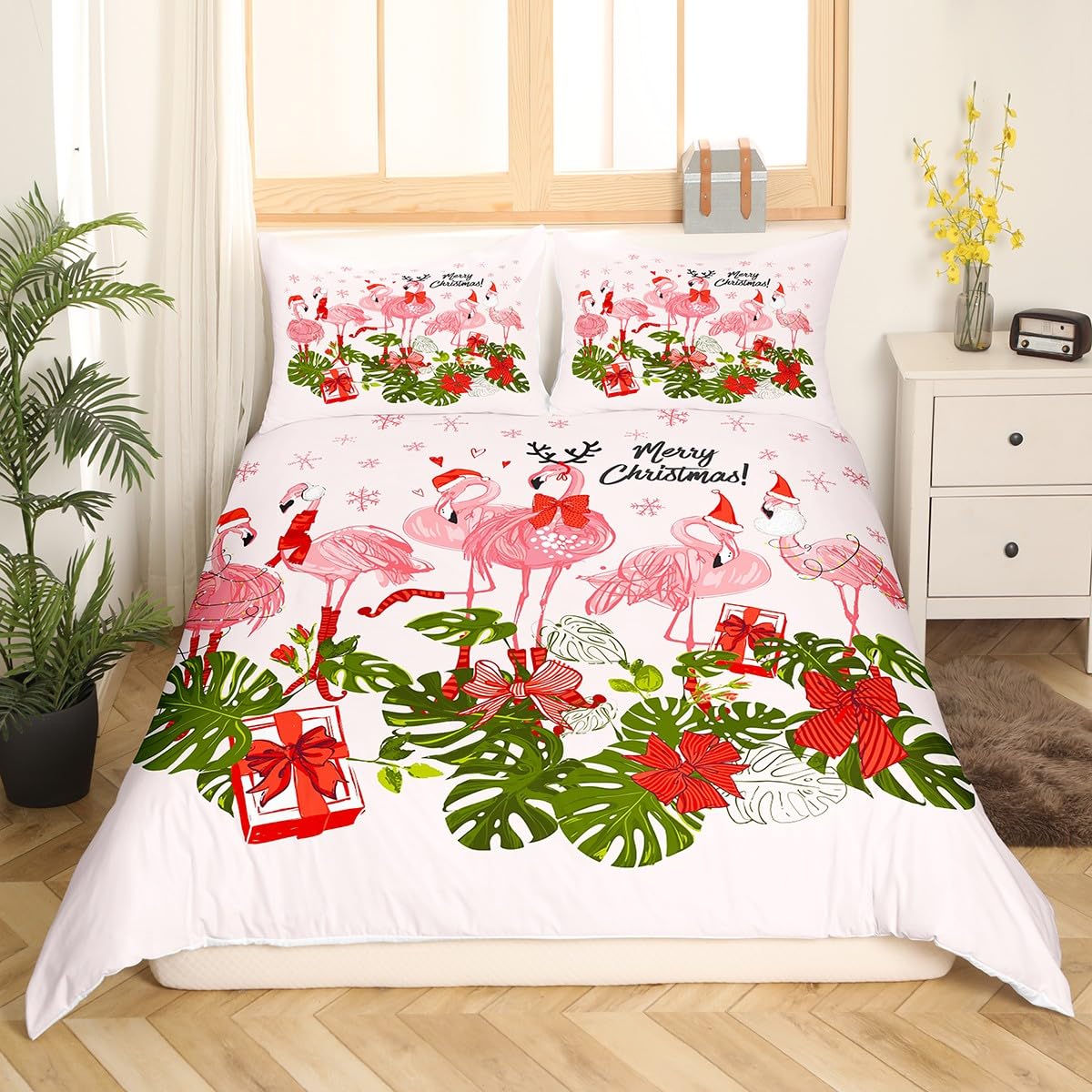 Merry Christmas Duvet Cover Set Full Size,Pink Flamingo Cartoon Bird Animal Comforter Cover with 2 Pillowcases,Winter Snowflake Green Leaves Breathable Bedspread for Boys Teens,Pillow Sham