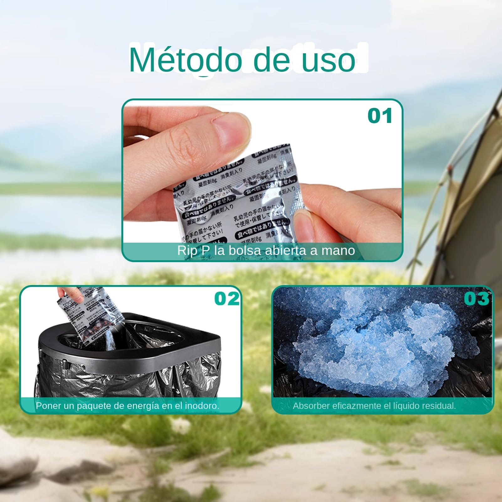 Gel Para Retrete de Camping | 50 Bolsas de Polvo Compacto para - Neutralizador de Olores Seguro y Portátil para Acampadas Hogar Mascotas Exteriores Viajes Adultos Público | Uso en Baños
