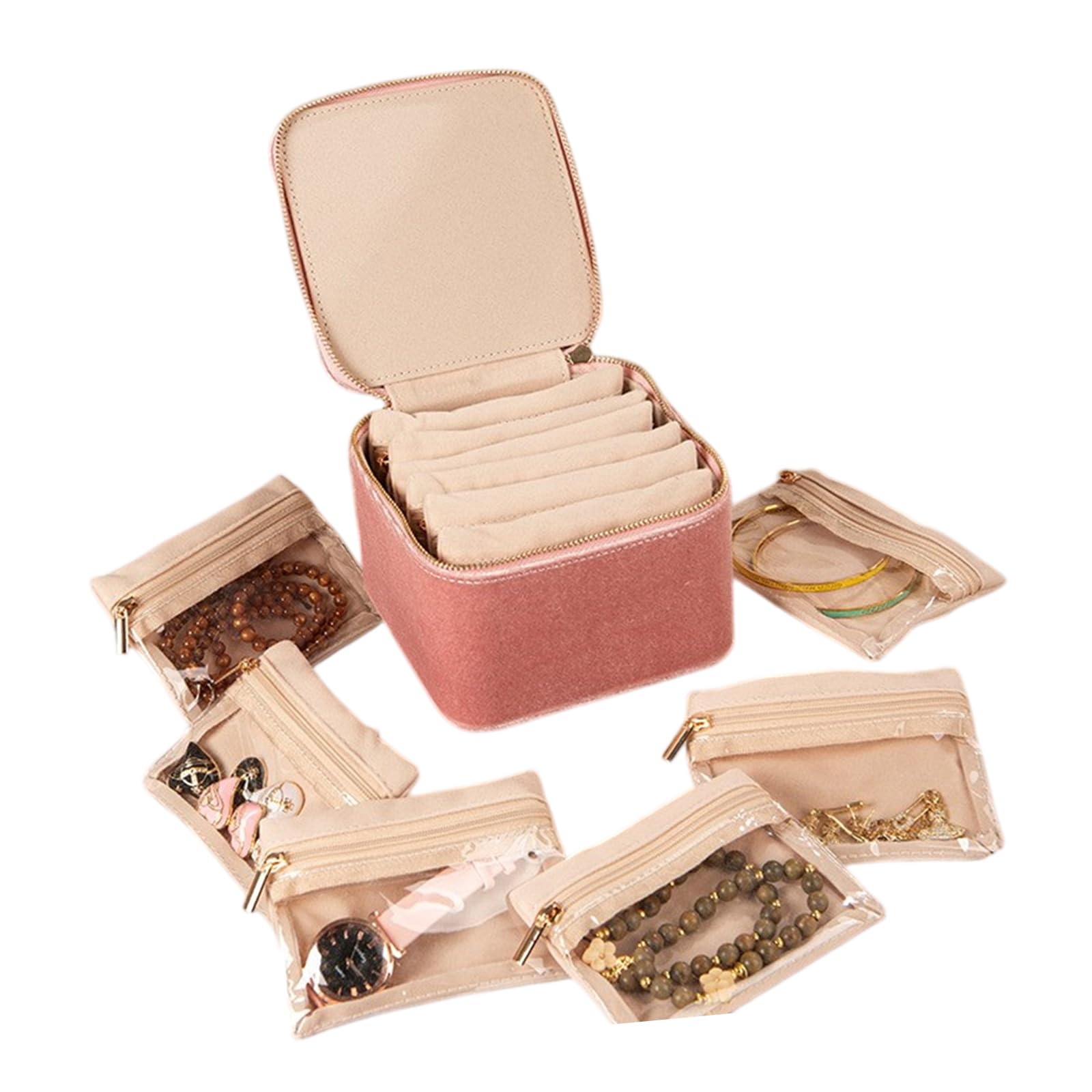 BWANGIAO Velvets Jewelry Organiser With 6 Transparency Pouches Storage Box For Necklaces Bracelets Rings Earrings And Brooches