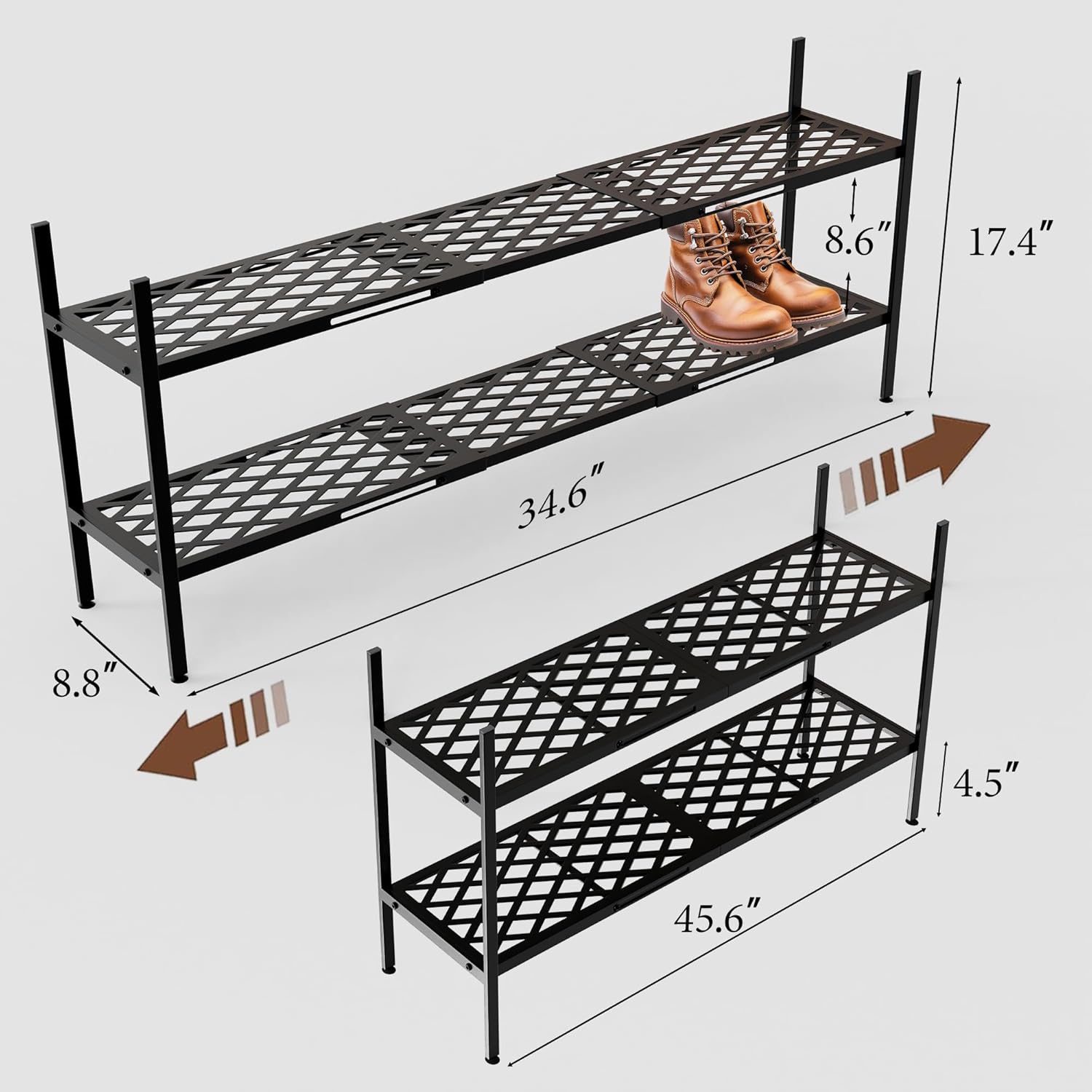 Shoe Rack, Expandable Shoes Organizer Metal Shelf Stand, 2 Tier Stackable Long Shoe Storage Holder For Closet, Floor, Entryway, Garage, Bedroom, Door Entrance For 12-18 Pairs, 45.6 inches Black