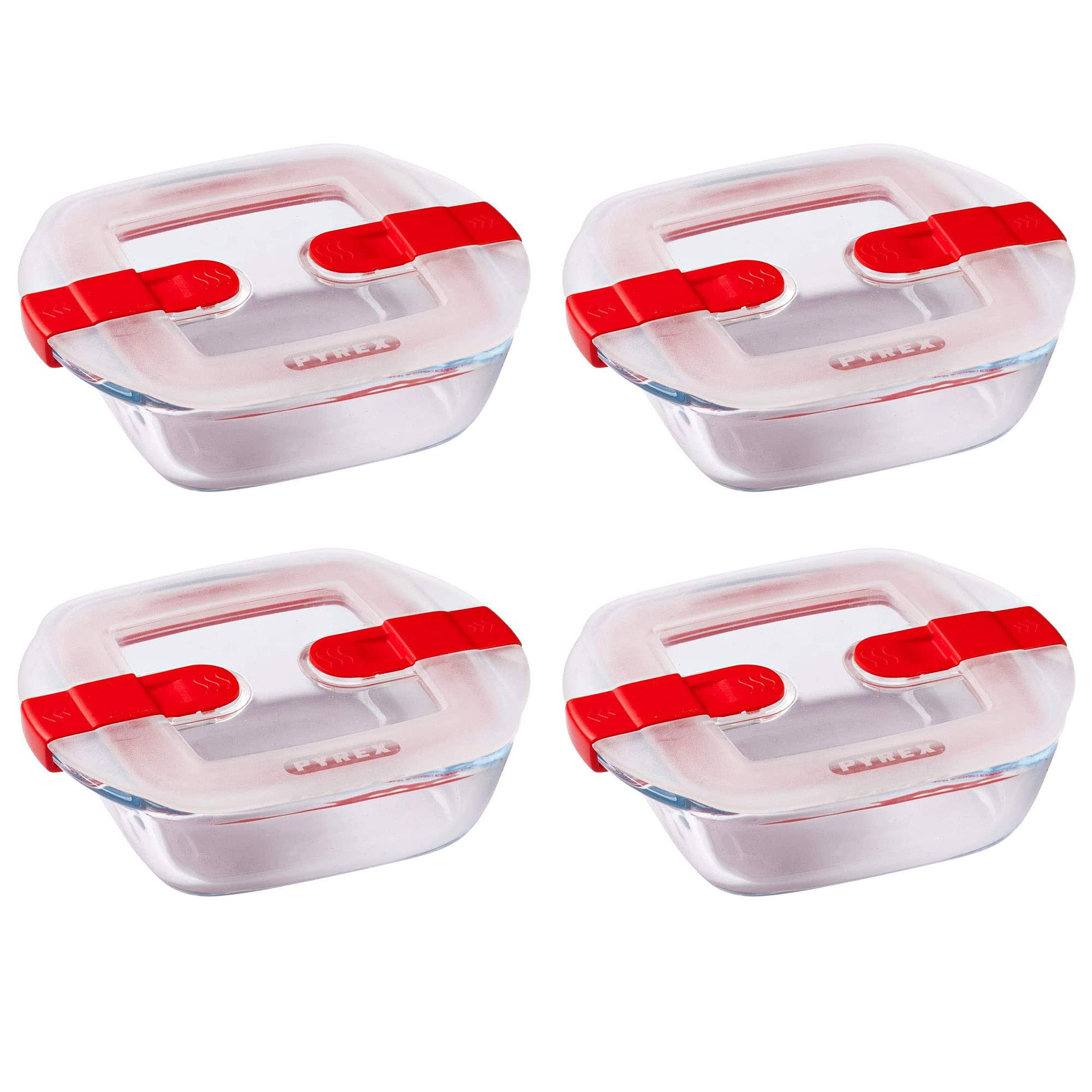 Pyrex Microwave Safe Classic Square Glass Dish with Vented Lid 0.35L Red (Pack of 4)