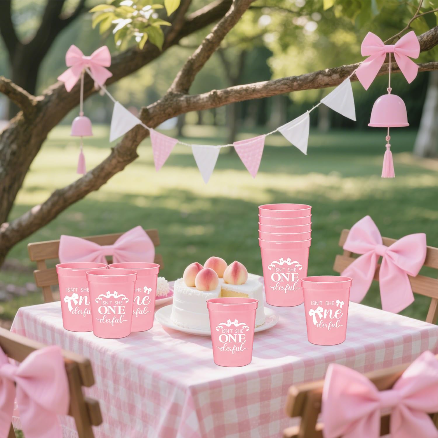 12 Pcs Isn't She Onederful Plastic Cups,16oz Bow 1st Birthday Baby Shower Party Plastic Cups For Girls,Miss Onederful Sweet Baby Girl First Birthday Party Decor Supplies Rose Gold