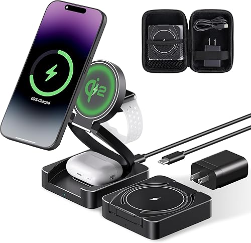 Estación de carga inalámbrica 3 en 1, soporte de carga plegable con certificación Qi2 compatible con iPhone 15141312, AirPods, Apple Watch (no