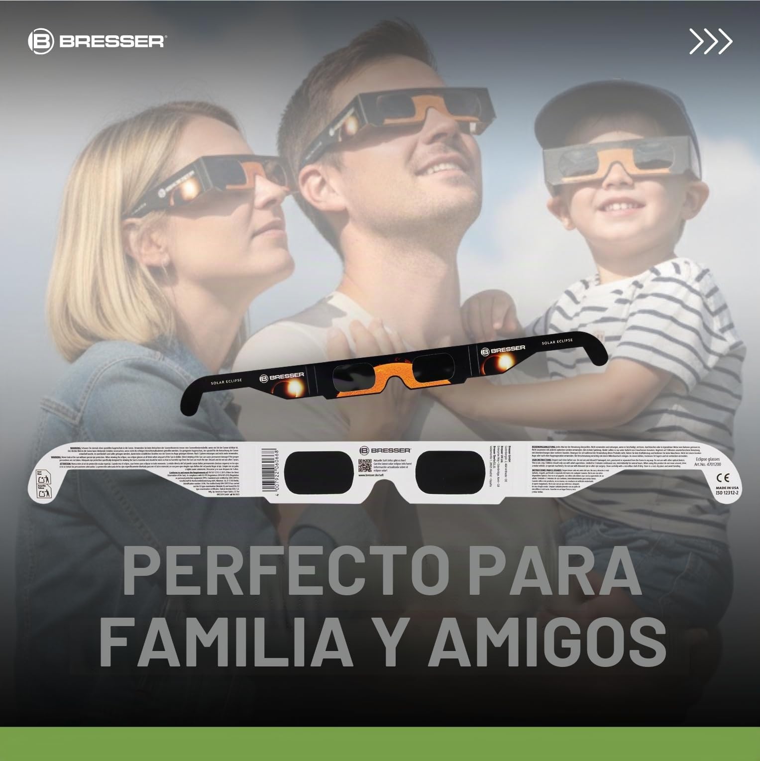 Bresser Gafas Eclipse Solar homologadas CE ISO 12312-2 pack 50 Diseño A | Absolutamente seguras, listas para los eclipses solares 2026, 2027, 2028, lámina astrosolar, imagen solar amarilla natural