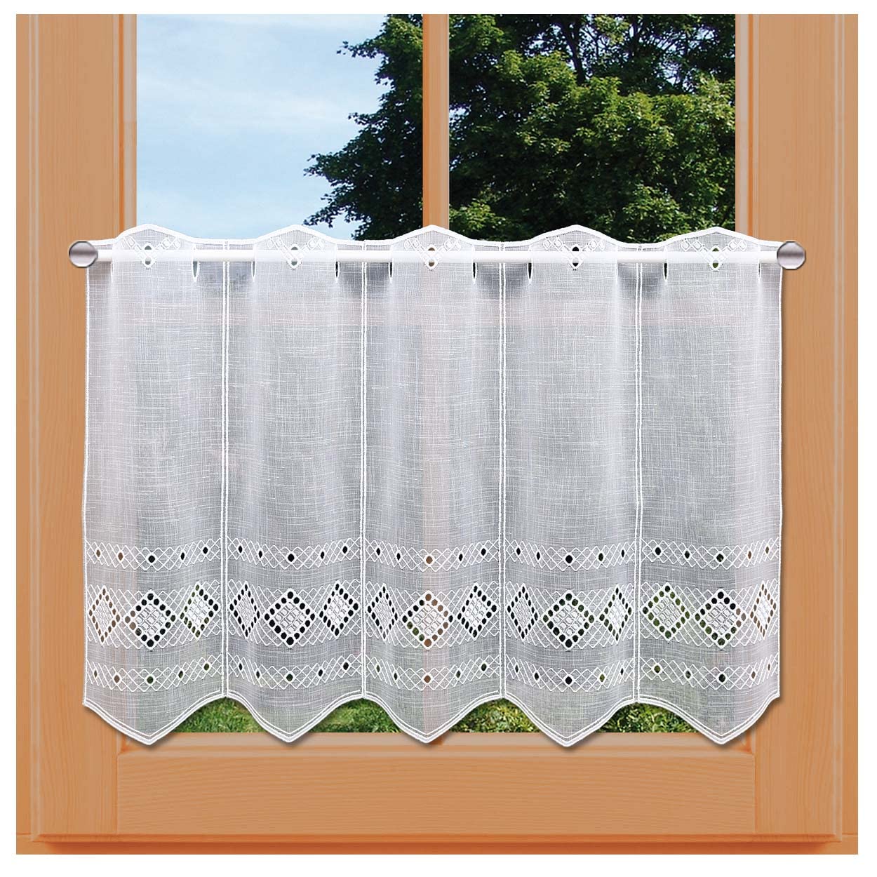 Kurzstore Fanny Echte Vogtländischer Spitze Feenhaus-Gardine mit Lochstickerei und Käseleinen-Optik in weiß 45 x 144 cm