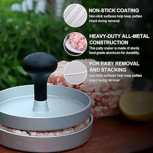 Miniatura 4 de KMPCEPB Prensa de hamburguesas antiadherente con 100 piezas de papel de hamburguesa, molde de aluminio para hamburguesas para hamburguesas,