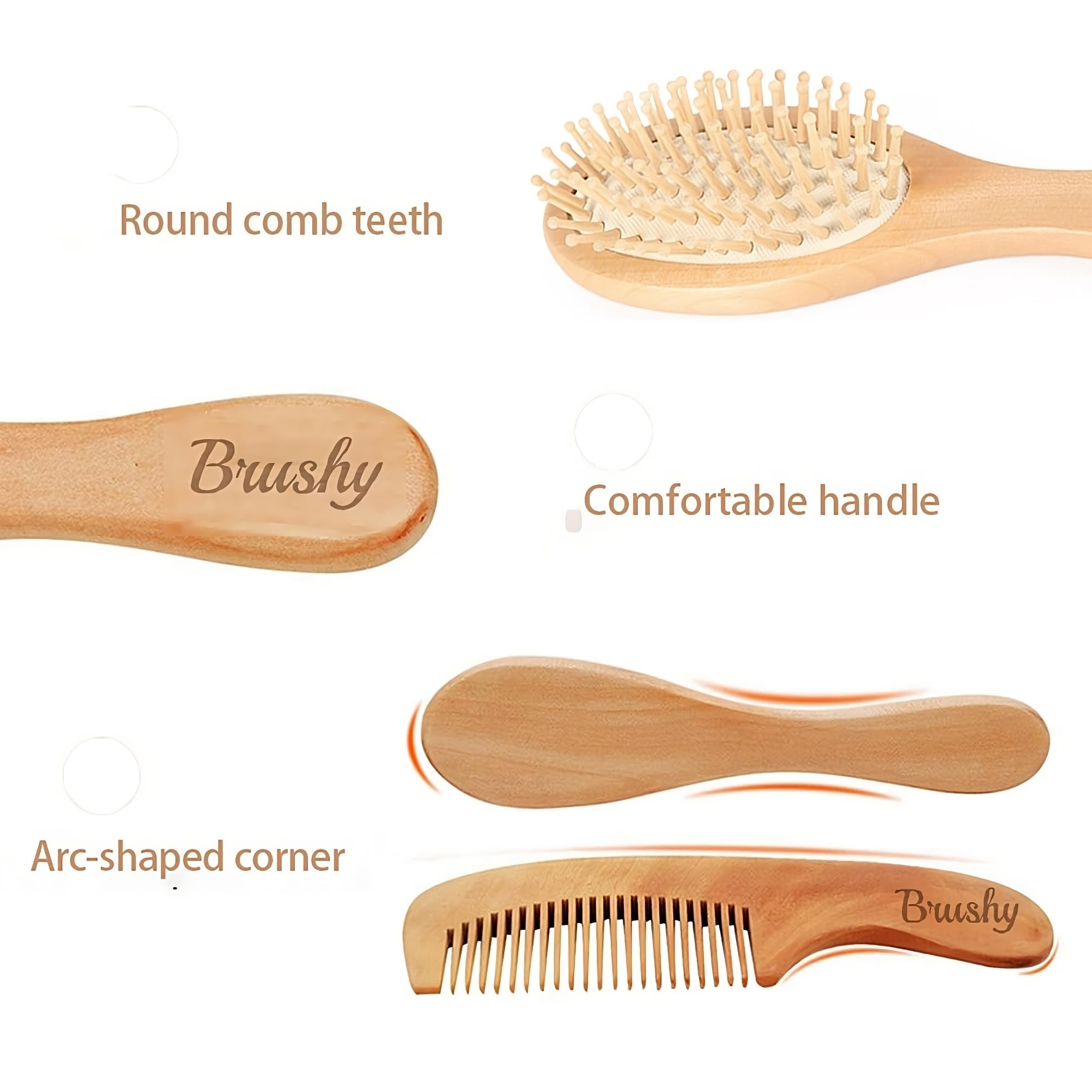 Brushy - Cepillo y peine para Bebé en Madera Natural - Kit Suave y Ecológico para Recién Nacidos, Niñas y Niños - Ideal para el Cabello Delicado de los Niños