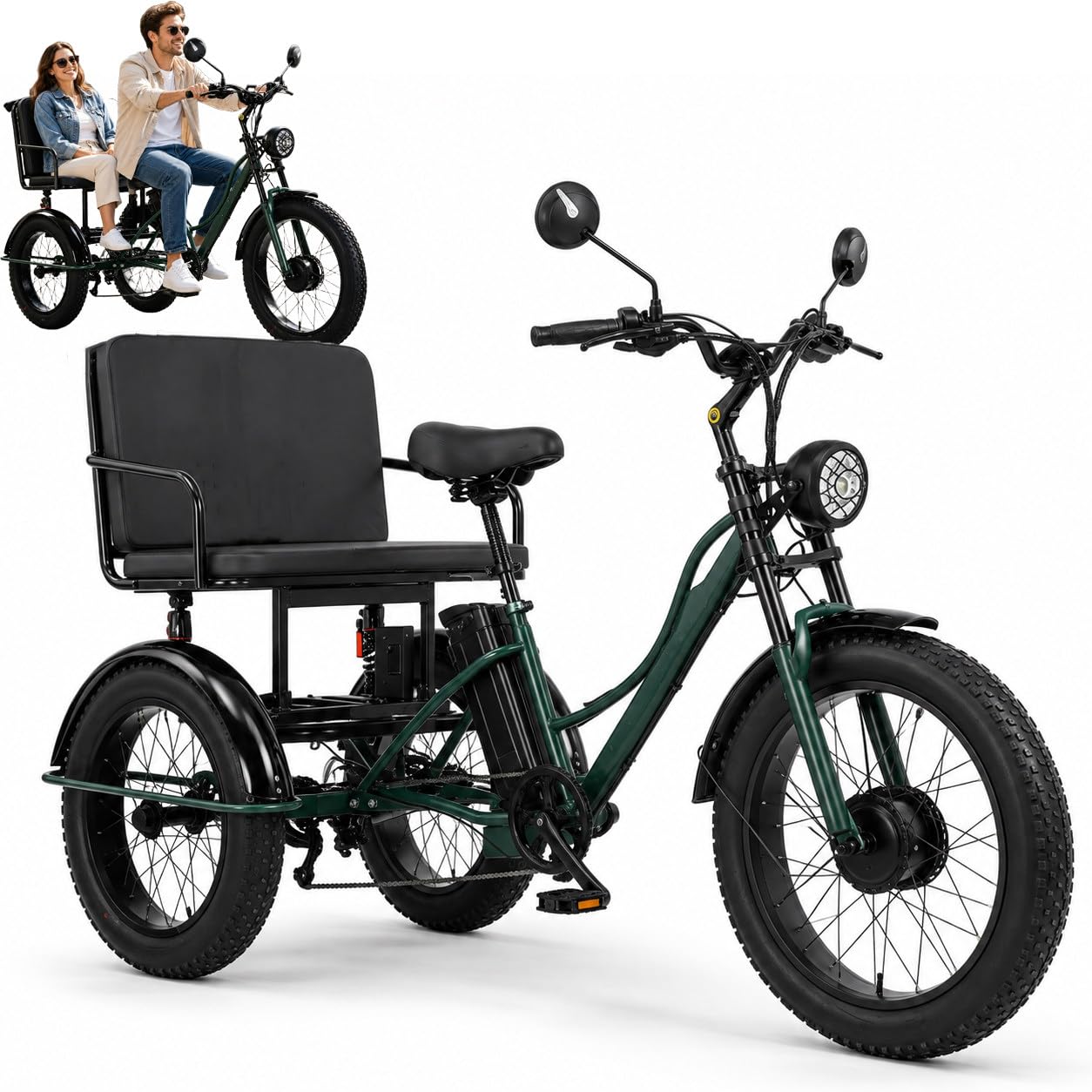 Triciclo Elettrico con Pneumatici Larghi da 24", Triciclo Elettrico a 7 velocità, Portata Massima 360 Libbre, Batteria Rimovibile da 48 V/18 Ah, con Display LCD E Fari Anteriori Green