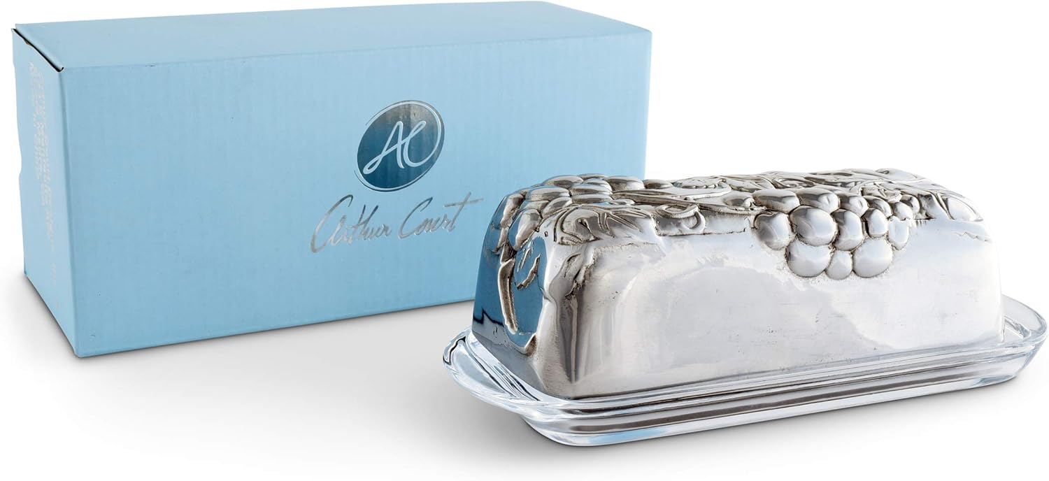 Arthur Court Designs Aluminum Grape Covered Butter Cream Cheese Dish Container Keeper Hand Polished Tarnish Free Artisan Quality with glass dish 7 inch Long