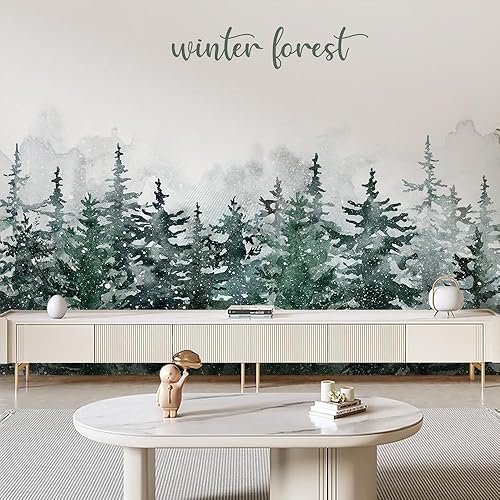 Miniatura 5 de VistaPalette Mural de pared de pinos nevados de invierno, paisaje, bosque, despegar y pegar, autoadhesivo, extraíble, mural grande de papel de
