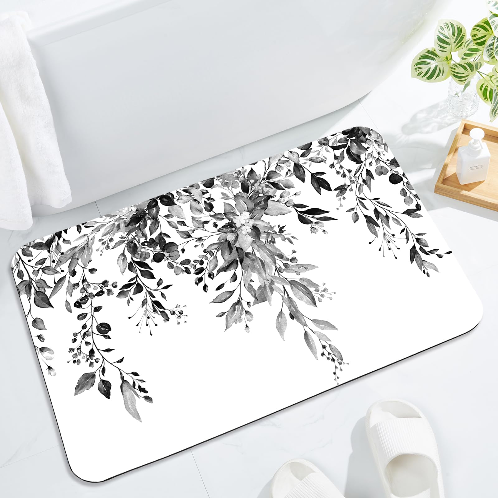 Gibelle Eucalyptus Leaves Bath Mat Rug Super Absorbent Quick Dry Thin Bathroom Rugs Fit Under Door Non Slip Rubber Backed Bathroom Floor Mat for in