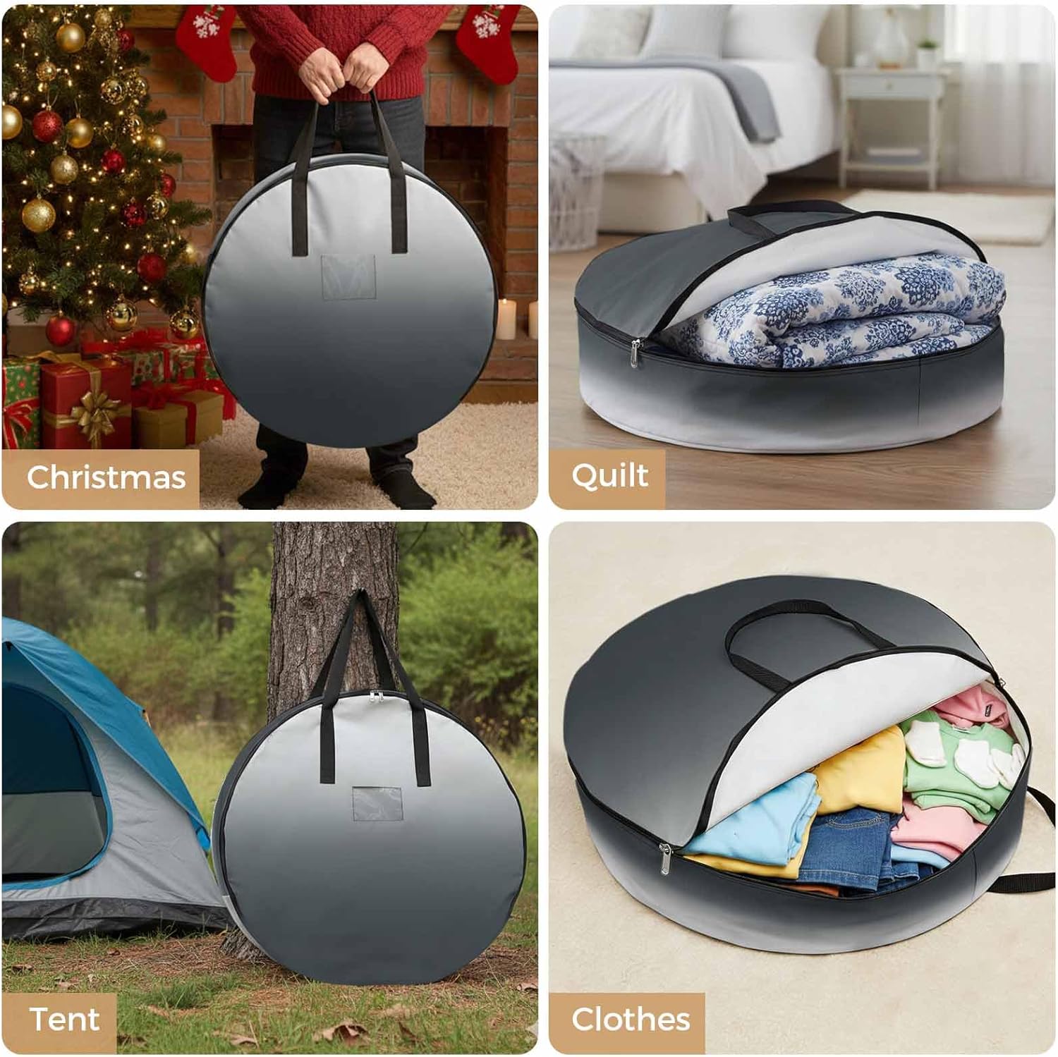 Gray Gradient Round Storage Bag 36 Inch, Clothes Storage Container with Handles Heavy Duty Organizer for Comforter, Bedding & Holiday Wreaths
