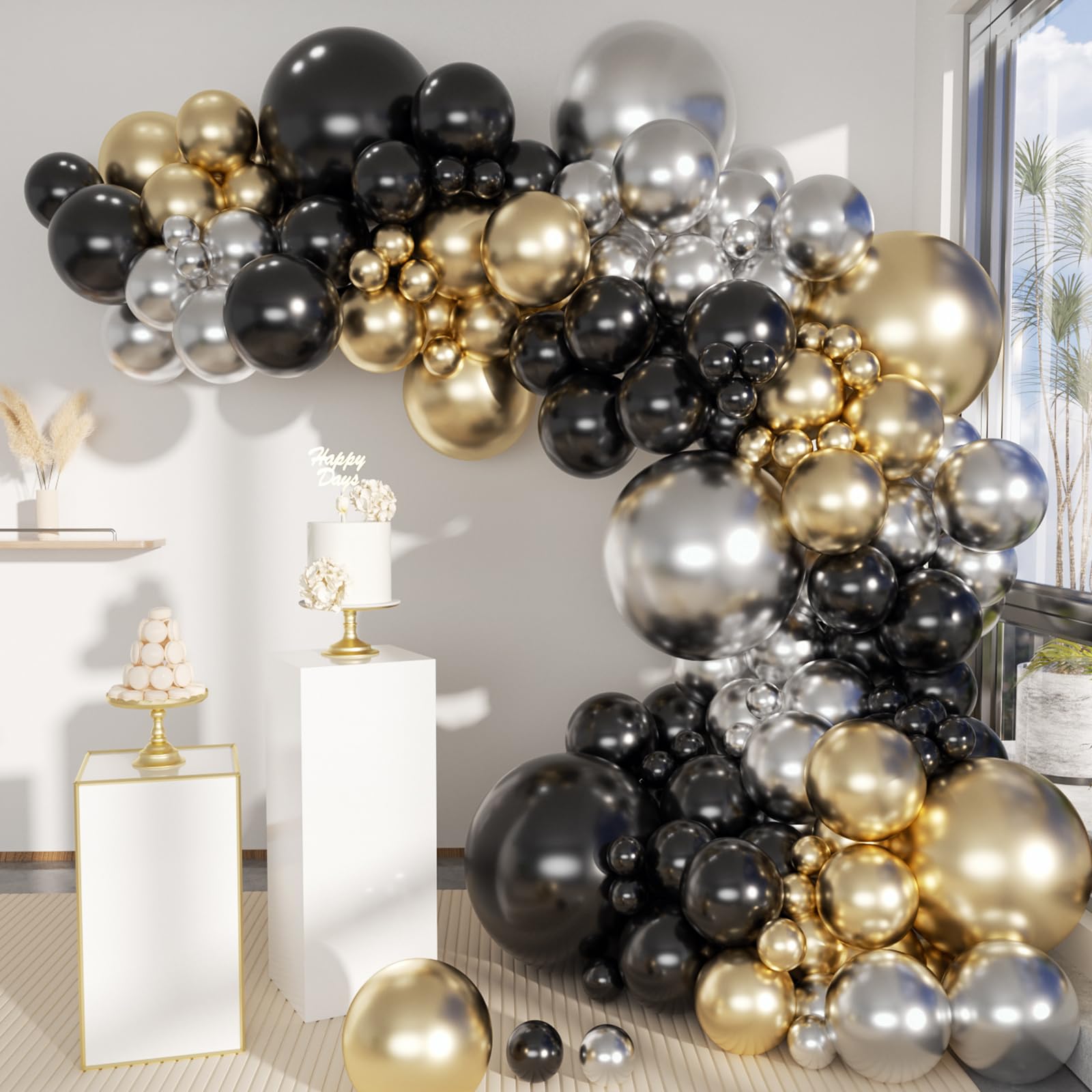 MEBAY Black Gold Silver Balloons Garland Arch Kit, 141Pcs Latex Balloons Different Sizes 18 12 10 5 Inch for Party Decorations, Wedding Backdrop,