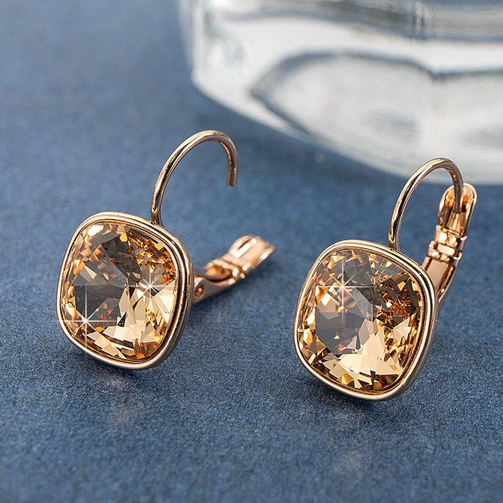 Austrian Crystal Square Cushion Drop Leverback Earrings for Women 14K Rose Gold Plated Hypoallergenic Jewelry - Image 3