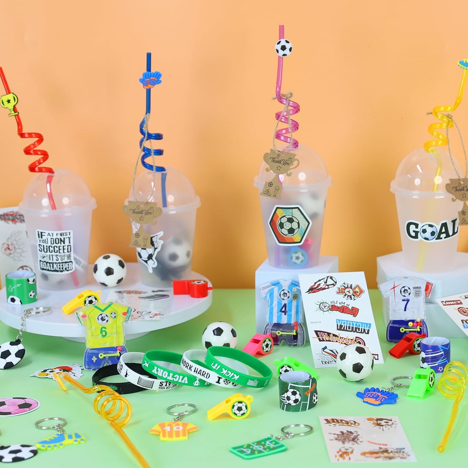 182PCS Soccer Party Favors, Soccer Birthday Party Favors with Cups Straws Puzzle Toys Whistles Mini Soccer Stress Balls Slap Bracelets Key Chains for Soccer Birthday Party Decorations - Image 6