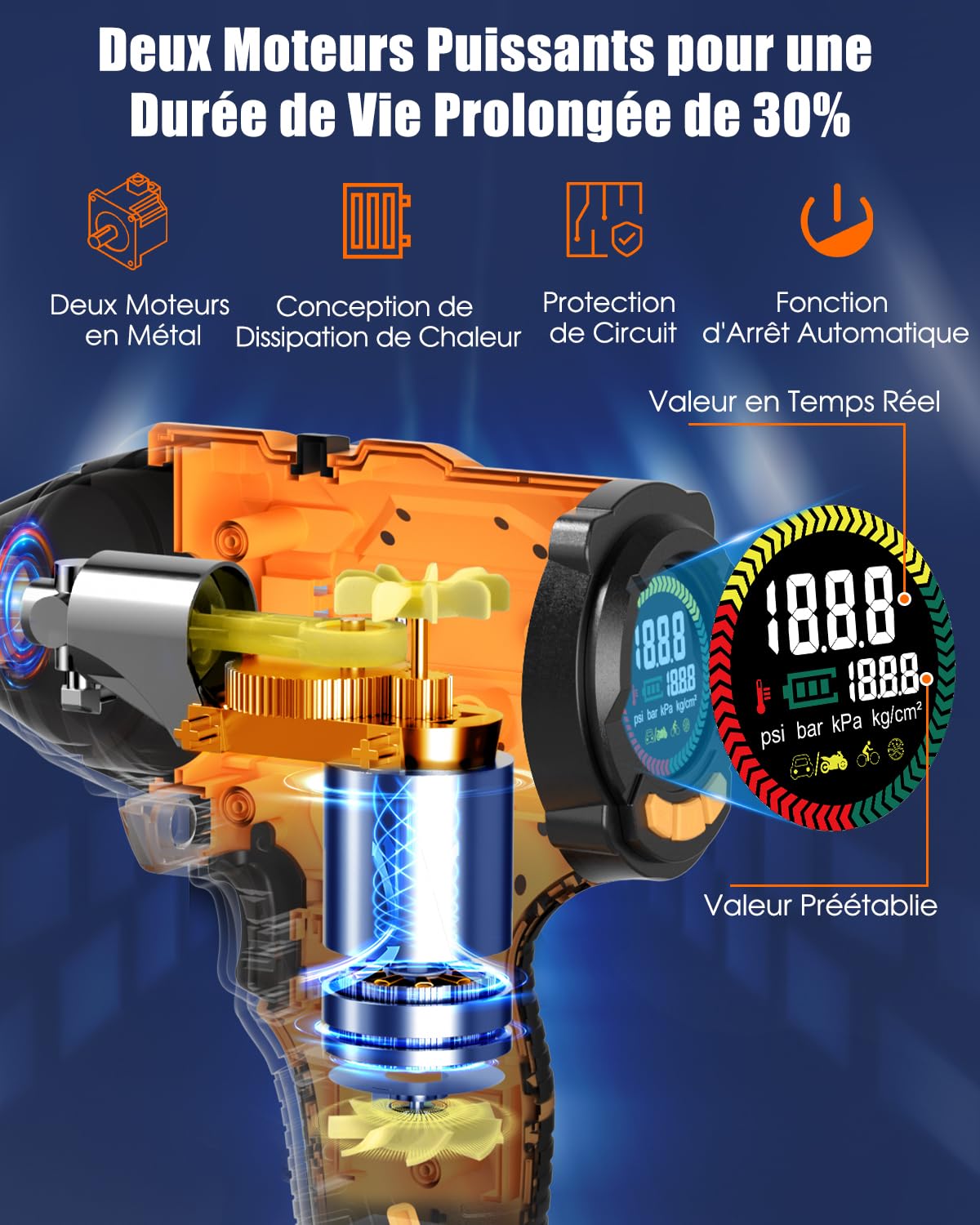 AUTDER Gonfleur Pneu Électrique 180 PSI, Compresseur à Air Sans Fil avec Batterie Amovible 21V et Câble d'Alimentation Voiture 12V, Arrêt Automatique, Écran LCD, Lampe LED pour Voiture, Jaune