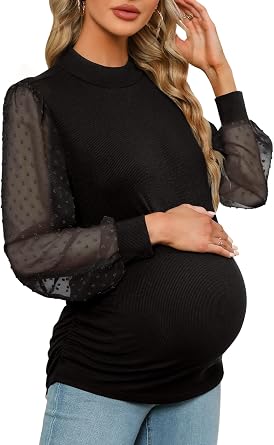 FMEYOA Womens Maternity Shirt Long Sleeve Top Mock Neck Blouse