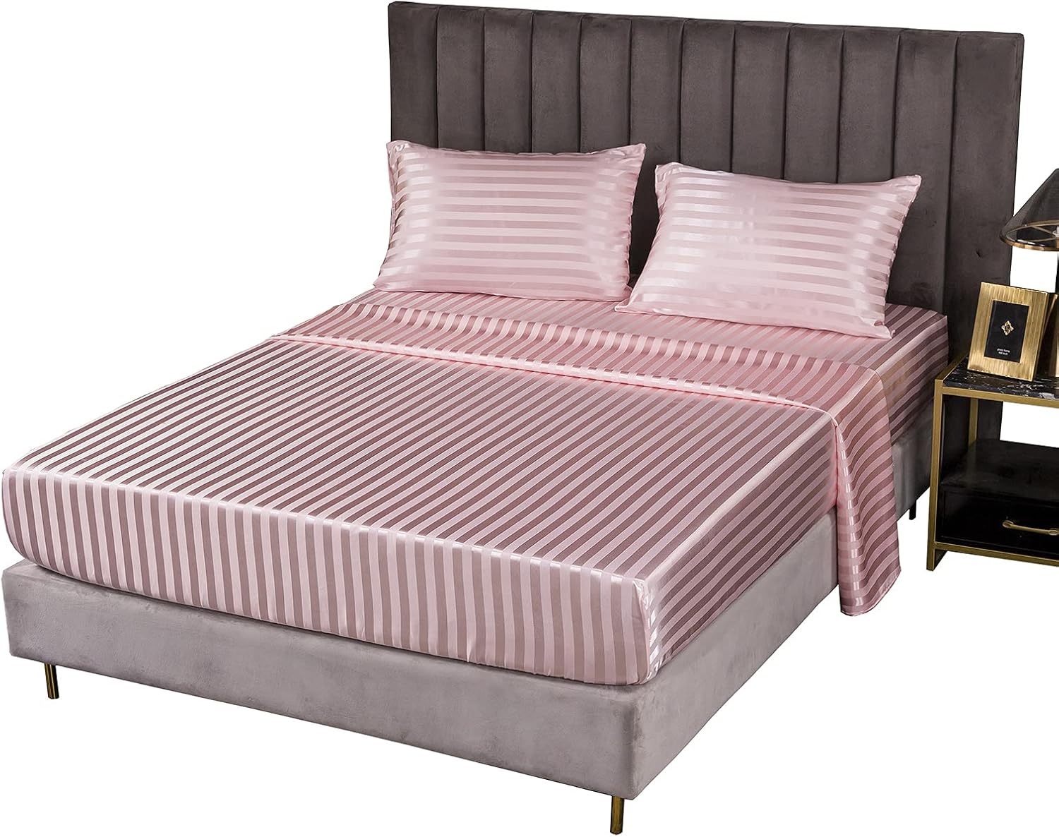 Imitated Silk Jacquard Satin Striped Flat Sheet Protector Dust Protection Breathable Bed Cover Bedspread Deep Pocket Coverlet Bedspread Coverlet (5# Pink, US-Queen/UK-K)